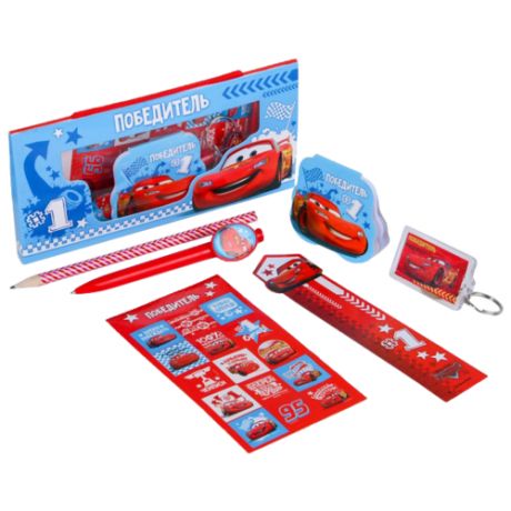 Канцелярский набор Shantou Chenghai Yibao Toys Factory в коробке-подушке Тачки (3687027), 6 пр., голубой/красный