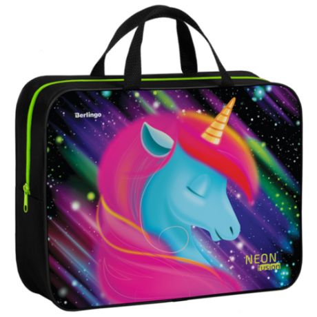 Berlingo Папка-сумка с ручками Neon Unicorn А4, текстиль, на молнии черный/розовый/голубой