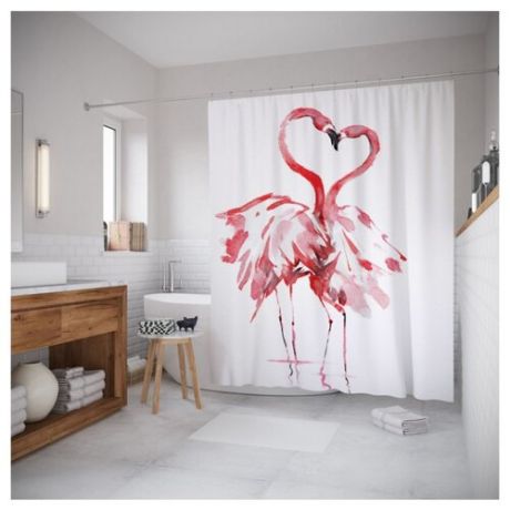 Штора для ванной JoyArty Влюбленные фламинго 180x200 белый/розовый