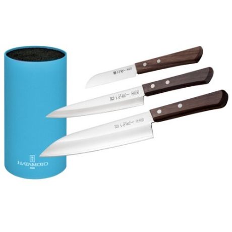 Набор Kanetsugu Special series 3 ножа с подставкой коричневый/голубой