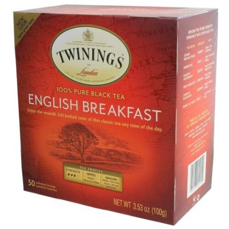 Чай черный Twinings English breakfast в пакетиках, 50 шт.