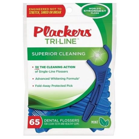 Plackers Tri-Line флоссер для ухода за полостью рта, 65 шт