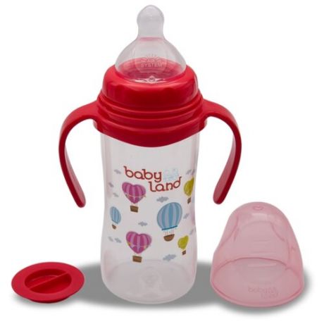 Baby Land Бутылочка с антиколиковой системой, ручками и ортодонтической соской, 300 мл с 6 мес., красный