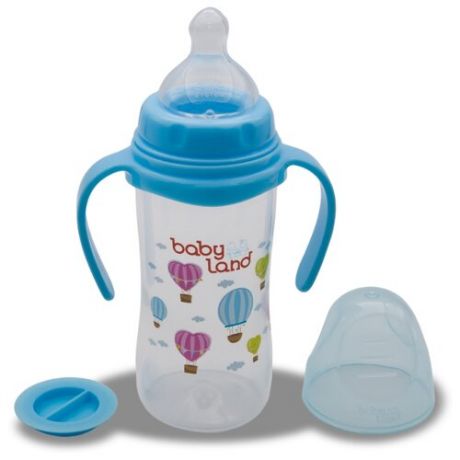 Baby Land Бутылочка с антиколиковой системой, ручками и ортодонтической соской, 300 мл с 6 мес., голубой