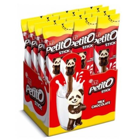 Фигурный шоколад Petito шоколадно-молочные палочки с фигуркой панды, коробка (12 шт.)