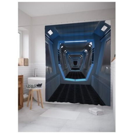 Штора для ванной JoyArty Коридор научной базы 180х200 голубой/черный