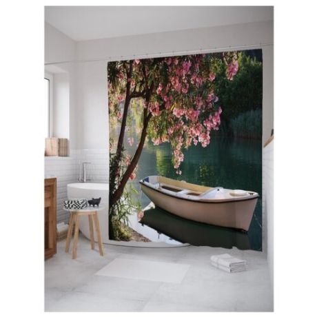 Штора для ванной JoyArty Лодка под цветущим деревом 180х200 зеленый