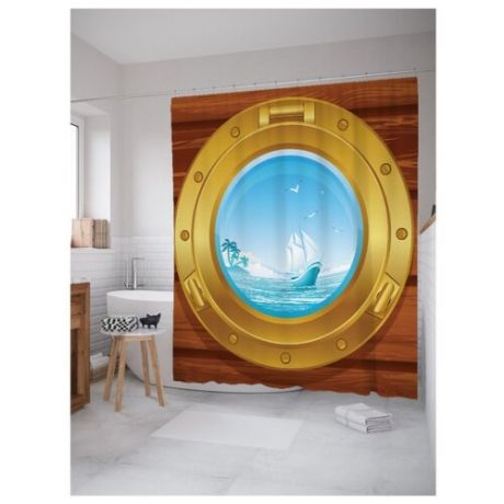 Штора для ванной JoyArty Тропический берег через иллюминатор 180x200 голубой/золотистый/коричневый