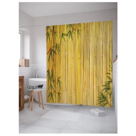 Штора для ванной JoyArty Бамбуковое заграждение с листьями 180x200 бежевый/желтый