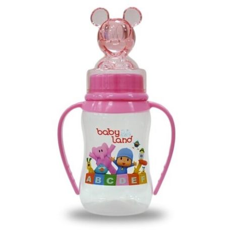 Baby Land Бутылочка антиколиковая с ручками, колпачком-игрушкой, соска ортодонтическая, 150 мл с рождения, розовый