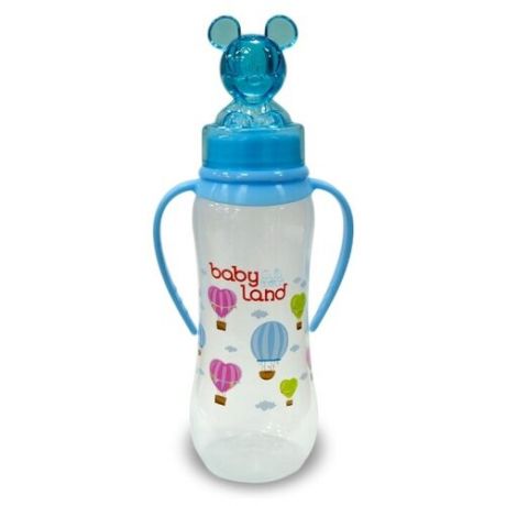 Baby Land Бутылочка антиколиковая с ручками, колпачком-игрушкой, соска ортодонтическая, 240мл с 6 мес., голубой