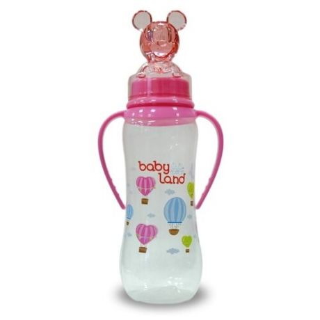Baby Land Бутылочка антиколиковая с ручками, колпачком-игрушкой, соска ортодонтическая, 240мл с 6 мес., розовый