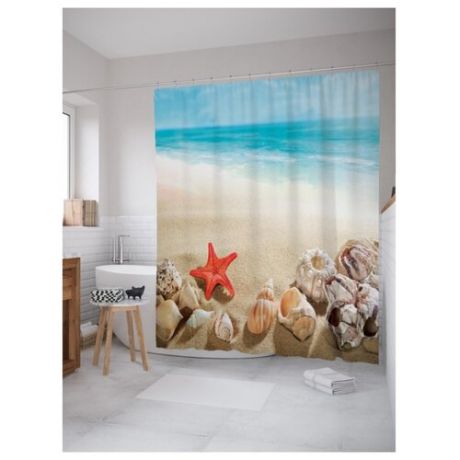 Штора для ванной JoyArty Морские звезды ракушки пляж 180х200 голубой/бежевый