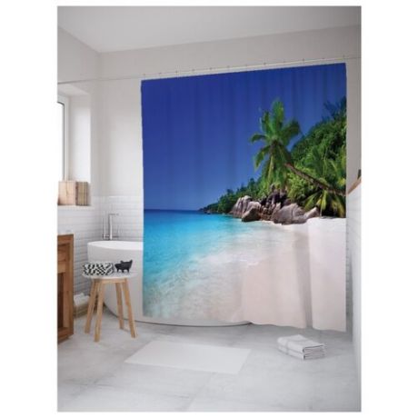 Штора для ванной JoyArty Пальмы над песчаным пляжем 180x200 синий/бежевый/зеленый