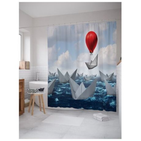 Штора для ванной JoyArty Бумажные кораблики и воздушных шаров 180x200 синий/белый/красный