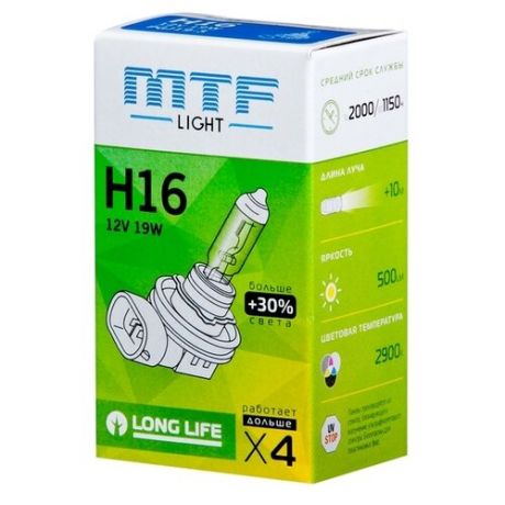 Лампа автомобильная галогенная MTF Standard+30% HS1216 H16 12V 19W 1 шт.