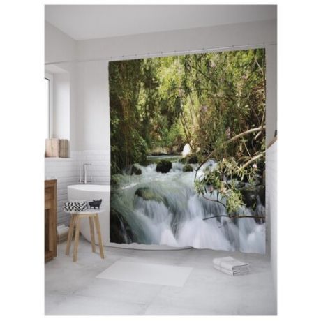 Штора для ванной JoyArty Шум лесного водопада 180х200 зеленый/белый