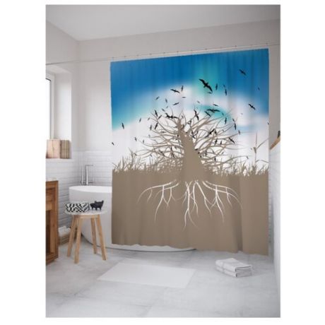 Штора для ванной JoyArty Стая птиц у древа 180х200 коричневый/голубой