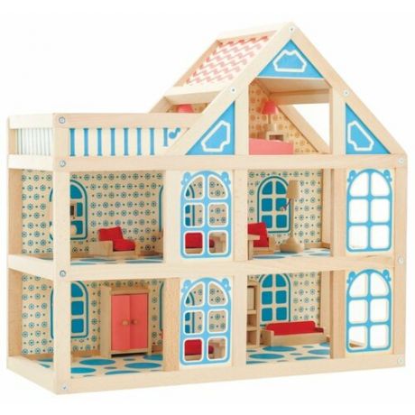 Мир деревянных игрушек кукольный домик 3 этажа Д250, бежевый/голубой