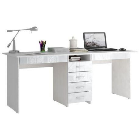 Письменный стол МФ Мастер Тандем-2Я глянец, 174.8х60 см, цвет: белый каркас/белый фасад