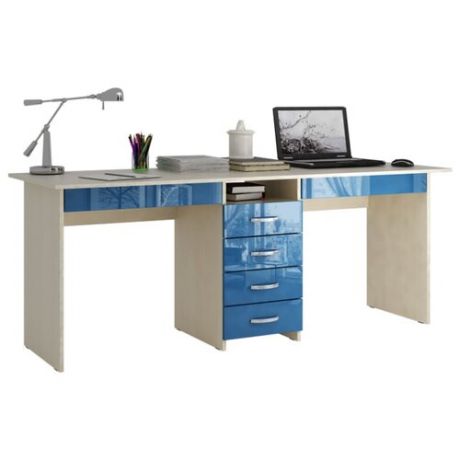 Письменный стол МФ Мастер Тандем-2Я глянец, 174.8х60 см, цвет: каркас дуб молочный/фасад синий