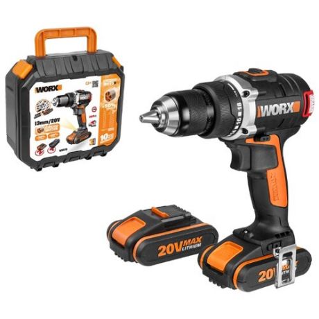 Аккумуляторная дрель-шуруповерт Worx WX175 2.0Ач х2 кейс 60 Н·м черный/оранжевый