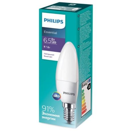 Лампа светодиодная Philips Essential LED 4000К, E14, B35, 6.5Вт