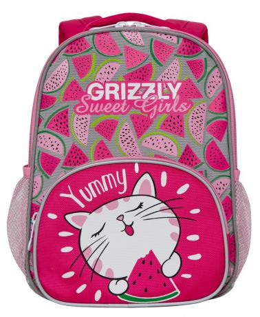 Детский рюкзак Grizzly для девочки, ярко-розовый, светло-серый