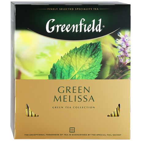 Чай Greenfield Green Melissa зеленый с листьями мелиссы и мяты и ароматом лимона 100 пакетиков по 1.5 г