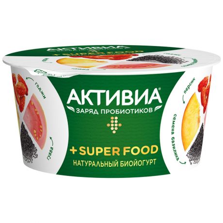 Биойогурт Активиа натуральный Super Food персик гуава ягоды годжи семена базилика 2.4% 140 г