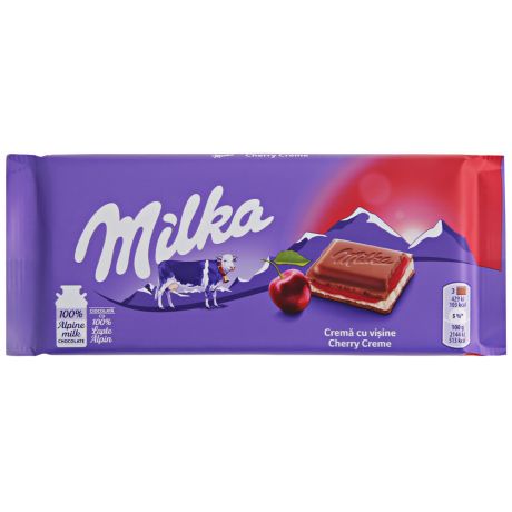 Шоколад молочный Milka из альпийского молока с молочной начинкой со вкусом вишни 100г