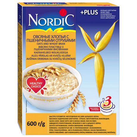 Хлопья Nordic овсяные с пшеничными отрубями, 600г