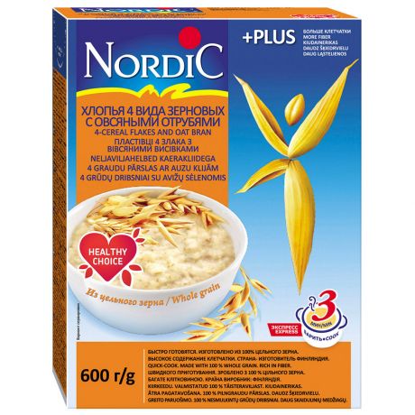 Хлопья Nordic 4 вида зерновых с овсяными отрубями 600г