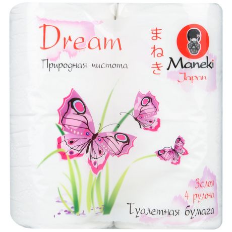 Бумага туалетная Maneki Dream с тиснением с ароматом природной чистоты 3-слойная 4 рулона