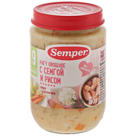 Пюре Semper Овощное рагу с семгой и рисом без сахара с 9 месяцев 190 г
