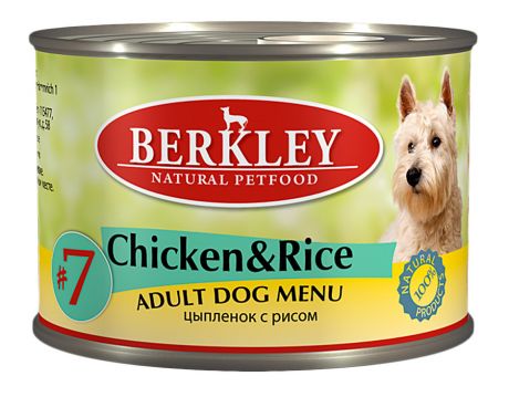 Корм консервированный Berkley Цыпленок с рисом №7 для собак 200г
