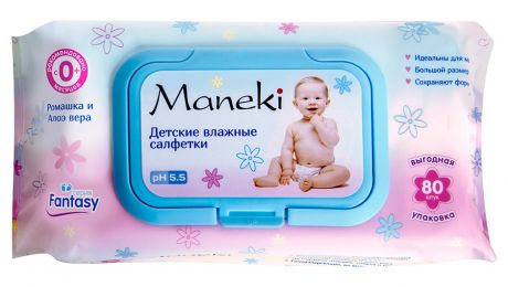 Влажные салфетки детские Maneki Fantasy с экстрактом ромашки и алоэ вера 80 штук