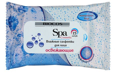 Влажные салфетки BioCos Spa Cosmetic очищающие освежающие 15 штук
