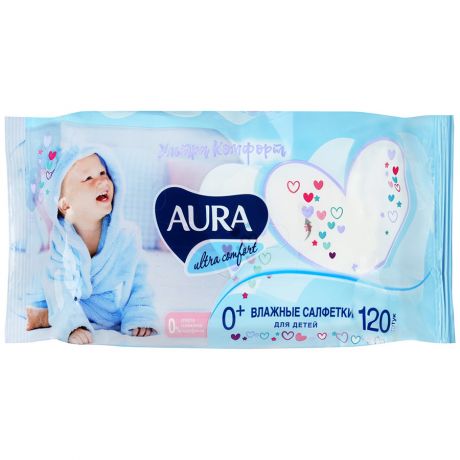 Влажные салфетки детские Aura Ultra Comfort с экстрактом алоэ и витамином Е 120 штук