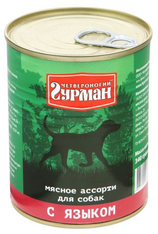Корм для собак Четвероногий Гурман, мясное ассорти с языком, 340г ж/б