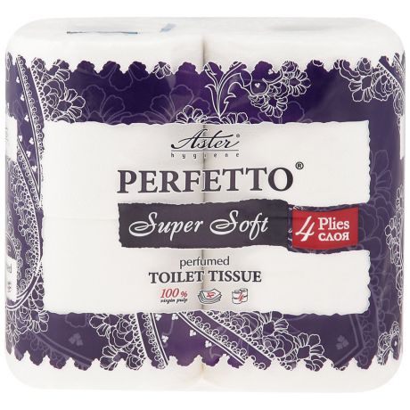 Бумага туалетная Aster Perfetto Super Soft белая 4-слойная 4 рулона