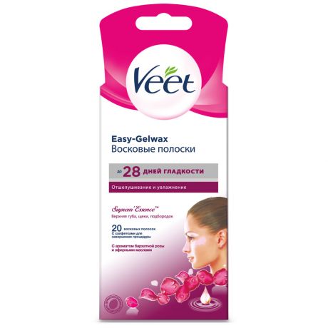 Восковые полоски Veet для чувствительных участков тела с ароматом бархатной розы и эфирными маслами Easy Gel-wax 20шт