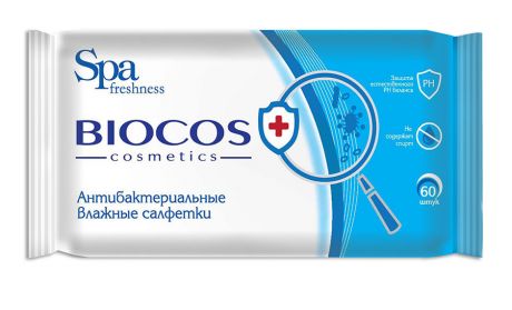 Влажные салфетки Biocos очищающие с антибактериальным эффектом с алоэ вера 60 штук