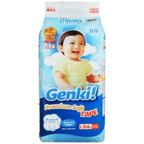 Подгузники Genki Premium Soft Tape L (9-14 кг, 54 штуки)