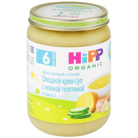 Крем-суп Hipp Organic Мой первый супчик Овощной с нежной телятиной и омега-3 без сахара с 6 месяцев 190 г