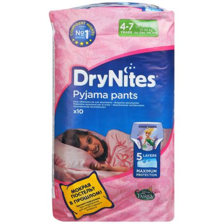 Подгузники-трусики для девочек Huggies DryNites (4-7 лет, 10 штук)