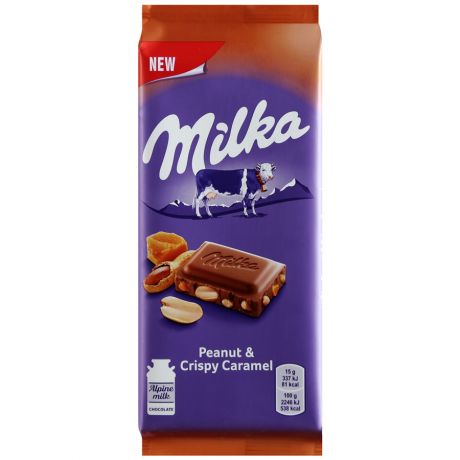 Шоколад Milka молочный с арахисом, кусочками хрустящей карамели, рисовыми шариками и кукурузными хлопьями, 90г