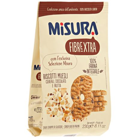 Печенье Misura "Fibrextra" из цельнозерновой муки "мюсли" со злаками кусочками шоколада и фруктами 0,23кг