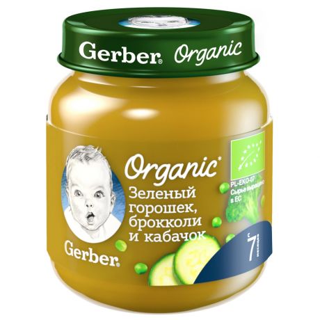 Пюре Gerber Organic с зеленым горошком брокколи и кабачком без сахара с 7 месяцев 125 г
