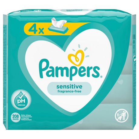 Влажные салфетки детские Pampers Sensitive 4 упаковки по 52 штуки